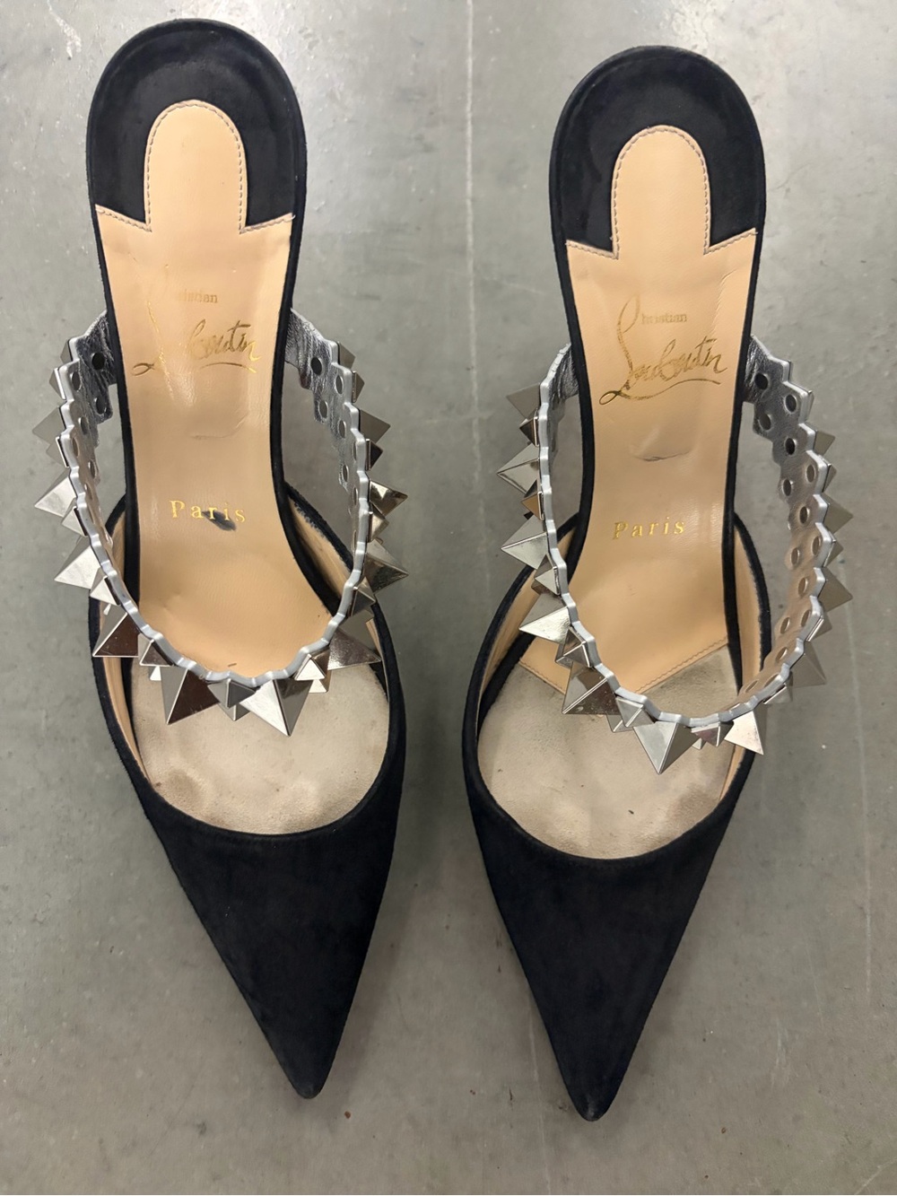 CHRISTIAN LOUBOUTIN BLACK SUEDE SILVER STUDDED ANKLE STRAP POINTED TOE HEELS - Picture 3 of 12